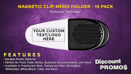 10 Magnetic Memo Holders Set - Customizable Text, Logo - Large Clip, Plastic - White Black