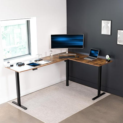 VIVO Electric Corner 84 x 63 inch L-Shaped Standing Desk, Memory Height Adjustment, Rustic Vintage Brown Top Black Frame, DESK-E3CTBN-84