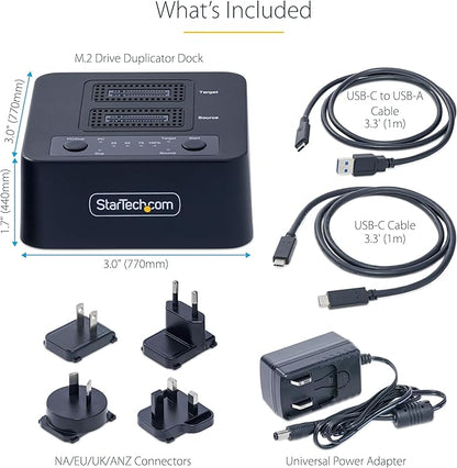 StarTech.com 1:1 M.2 NVMe Drive Duplicator, 90GBpm Standalone SSD Cloner/Copier, USB-C 3.2 20Gbps M.2 Dual-Bay Drive Dock, Black