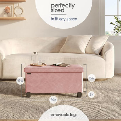STORAGEBUD Storage Ottoman Bench with Bins, 30-in Storage Bench for Bedroom End of Bed, Folding Foot Rest Ottoman for Living Room Max 660lbs, Faux Leather Ottomans, Pink