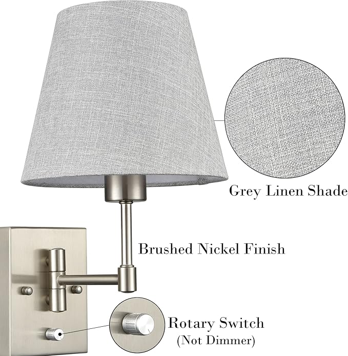 SAMTEEN Swing Arm Wall Sconces Set of Two Plug in Wall Lamp with Grey Fabric Shade and On Off Switch Wall Light for Bedside Living Room Hallway, Brushed Nickel Finish