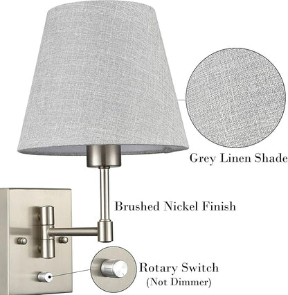SAMTEEN Swing Arm Wall Sconces Set of Two Plug in Wall Lamp with Grey Fabric Shade and On Off Switch Wall Light for Bedside Living Room Hallway, Brushed Nickel Finish