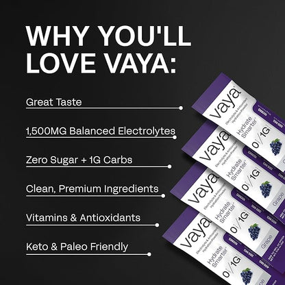 Vaya - Sugar Free Electrolyte Powder Packets – Give Your Body Instant Hydration - with Fasting Electrolytes (30 Pack, Grape)