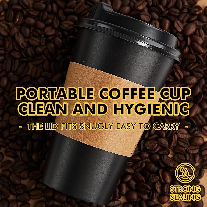 RACETOP 16 oz Paper Coffee Cups, 100 Pack Black Disposable Coffee Cups with Lids, Sleeves and Stirring Sticks, 16 oz Hot Coffee Cup for Hot Drinks, Parties, Picnic, Travel, and Events