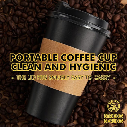 RACETOP 16 oz Paper Coffee Cups, 100 Pack Black Disposable Coffee Cups with Lids, Sleeves and Stirring Sticks, 16 oz Hot Coffee Cup for Hot Drinks, Parties, Picnic, Travel, and Events
