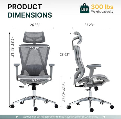 Mesh Ergonomic Office Chair,High Back Mesh Gaming Chair with Lumbar Support,Adjustable Headrest and Armrests for Home Office Desk Chair (Americana, Grey)