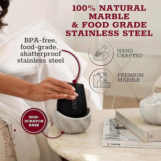 Gusto Nostro White Marble Wine Chiller for Glass and Stainless Steel Tumbler Set of 2 - Freezable Wine Glass Chiller Holder - Cool Set of Chillers and Stemless Metal Wine Tumblers for Home Bar (Black)