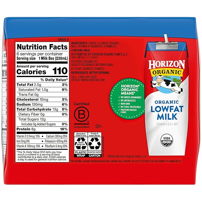 Horizon Organic Shelf Stable 1% Lowfat Milk Boxes, 8 fl oz, 6 Count - 8g Protein per Serving, USDA Organic UHT, Ready to Drink for Lunchbox, Travel, or On-the-Go, No Refrigeration Needed