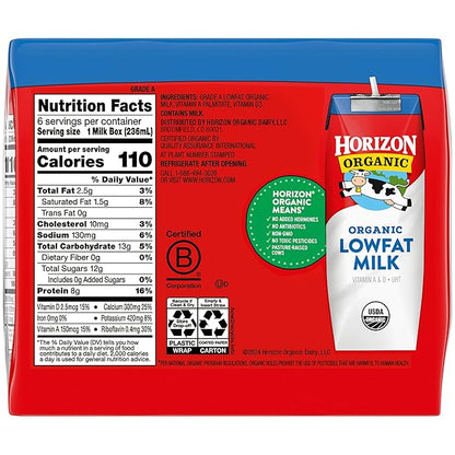 Horizon Organic Shelf Stable 1% Lowfat Milk Boxes, 8 fl oz, 6 Count - 8g Protein per Serving, USDA Organic UHT, Ready to Drink for Lunchbox, Travel, or On-the-Go, No Refrigeration Needed