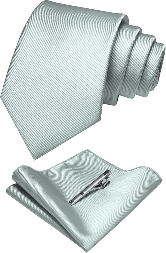 JEMYGINS Solid Color Formal Necktie and Pocket Square Tie Clip Sets for Men