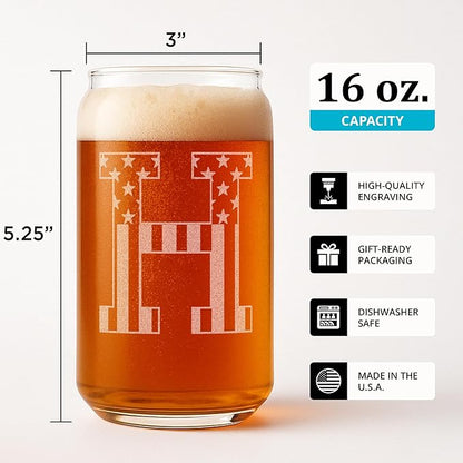 Monogram Beer Glasses for Men (A-Z) 16 oz - Beer Gifts for Men Brother Son Dad Neighbor - Unique Gifts for Him - Personalized Drinking Gift Beer Glass Mugs - Engraved Beer Can Glass (H)