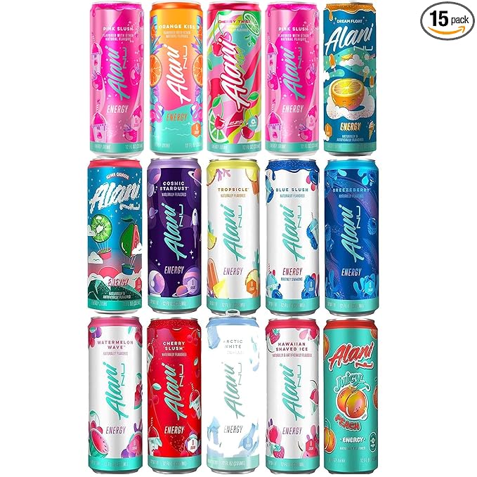 Alani. Nu Energy Drink Variety Pack | (Pack Of 15) | 12 Different Flavors : Mimosa, Arctic White, Dream Float, Blue Slush, Breezeberry, Cherry Slush, Hawaiian Shaved, Watermelon Wave -12 fl. oz - By The Munchie Mix