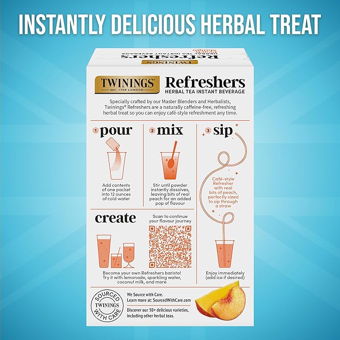 NEW Twinings Peach Mango Refreshers, Herbal Tea Instant Beverage with Real Peach Fruit Bits, 5 Count (Pack of 2), Café Style, No Artificial Sweeteners, Naturally Caffeine-Free Refreshment, 5 Packets