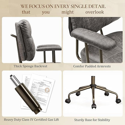 EUREKA ERGONOMIC Becky Home Office Desk Chairs Leather, Comfy Office Chair with Lumbar Support and Arms, Mid-Back, Comfortable Thick Cushion, Height Adjustable, Mid-Century Modern, Gary