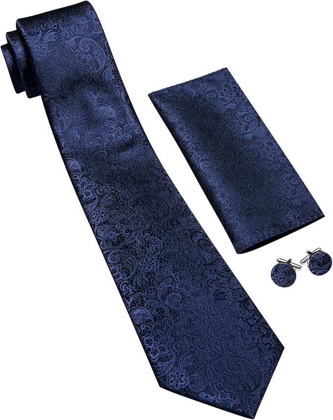 Barry.Wang Tie Sets for Men Silk Solid Necktie Stain Ties Handkerchief Pocket Square Cufflinks Wedding Business Dyed