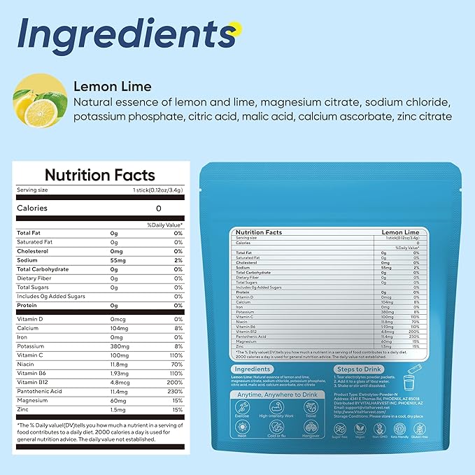 VitalHarvest 36 Sticks Electrolytes Powder Packets Sugar Free Hydration Packets Electrolyte Liquid Daily IV Drink Mix with Lemon Lime, Low Sodium, 0 Calorie