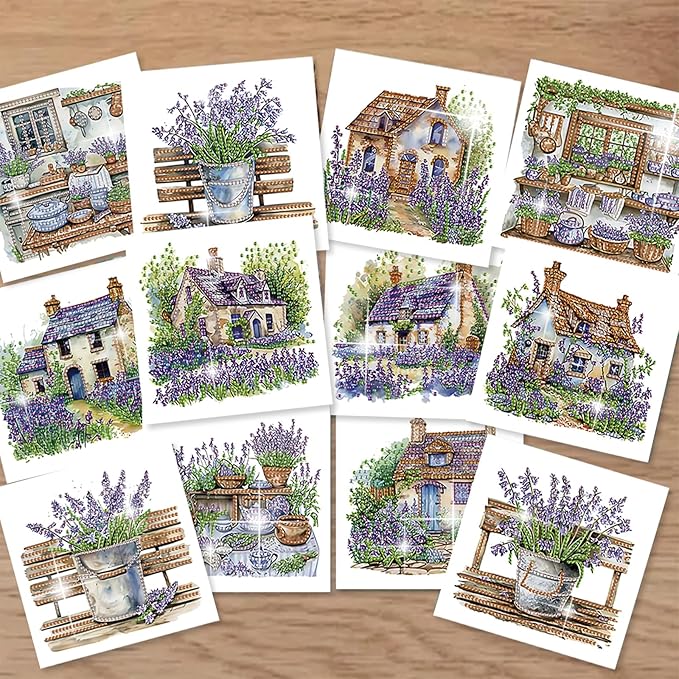 jinglinhh 12pcs Diamond Art Painting Lavender Flower House Bench Greeting Cards with Envelopes, DIY Card Making Kits for Adults, Diamond Art Postcards Christmas Cards Craft Gifts