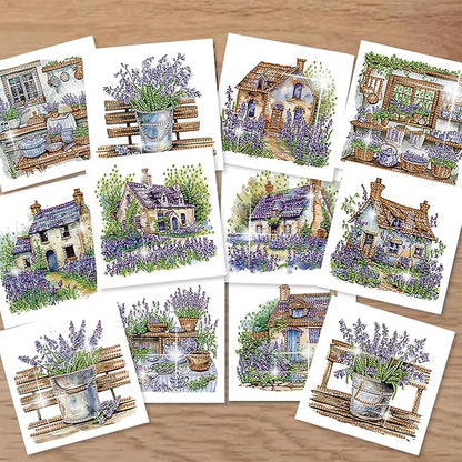 jinglinhh 12pcs Diamond Art Painting Lavender Flower House Bench Greeting Cards with Envelopes, DIY Card Making Kits for Adults, Diamond Art Postcards Christmas Cards Craft Gifts