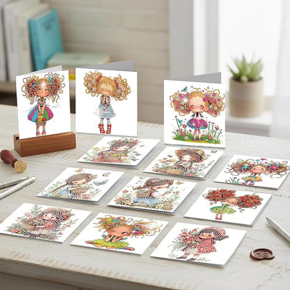 jinglinhh 12pcs Diamond Art Painting Little Girl Flower Bushes Greeting Cards with Envelopes, DIY Card Making Kits for Adults, Diamond Art Christmas Cards for Birthday Holiday Postcards Craft Gifts