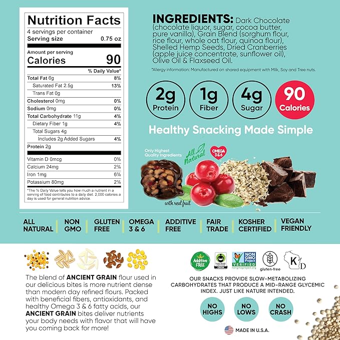 Good Source Snacks Dark Chocolate Bites & Ancient Grains, Cranberry Hemp, 9 Pack, 3 oz, Vegan, Gluten Free, Non GMO, Kosher Protein Bites