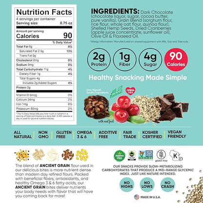 Good Source Snacks Dark Chocolate Bites & Ancient Grains, Cranberry Hemp, 9 Pack, 3 oz, Vegan, Gluten Free, Non GMO, Kosher Protein Bites