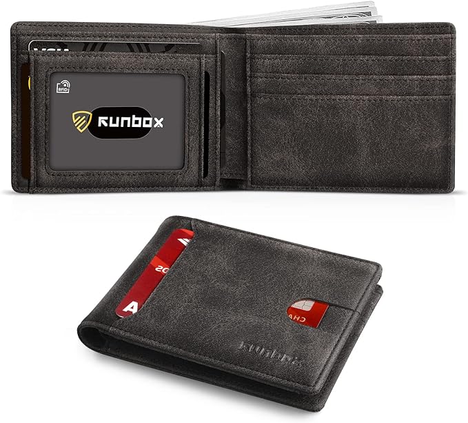 RUNBOX Wallet for Men Slim 11 Credit Card Holder Slots Leather RFID Blocking Small Thin Men's Wallet Bifold Minimalist Front Pocket Large Capacity Gift Box