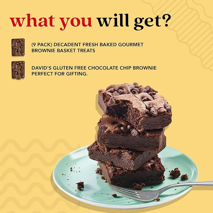 David’s Cookies Gluten-Free Chocolate Chip Brownies 9 Pack - Decadent Fresh Baked Gourmet Brownie Basket Treats - Great for Sharing and Gifting - Ideal Gourmet Food Gift, Healthy Snacks For Everyone