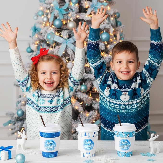 Lallisa 100 Sets Christmas Disposable Coffee Paper Cups Bulk with Lids Sleeves & Straws, 12 oz Xmas Blue and White Snowflakes Coffee Cups for Hot Cold Cocoa Tea Holiday Party Supplies