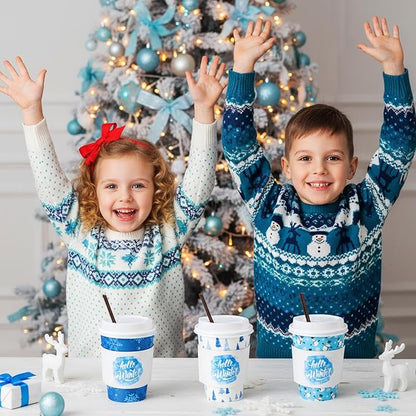 Lallisa 100 Sets Christmas Disposable Coffee Paper Cups Bulk with Lids Sleeves & Straws, 12 oz Xmas Blue and White Snowflakes Coffee Cups for Hot Cold Cocoa Tea Holiday Party Supplies