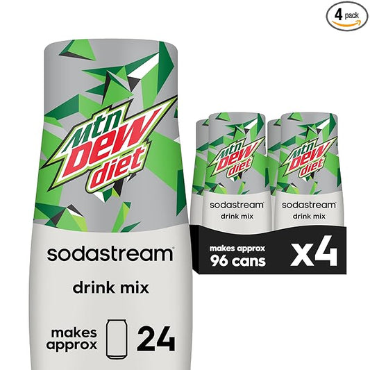 SodaStream - Diet Mountain Dew Soda Drink Mix | For Sparkling Water Makers | Zero Calories | 51mg Caffeine per Serving | Makes 96 Servings | 14.9 Fl Oz, Pack of 4 Packaging may vary