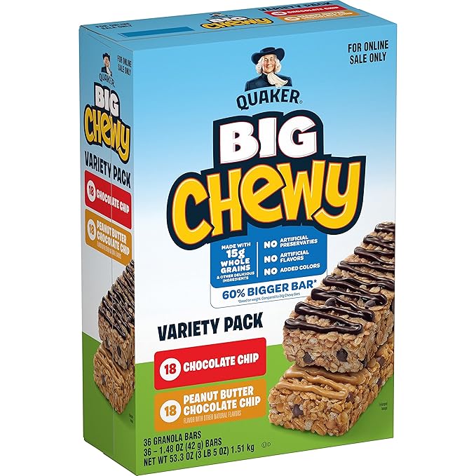 Quaker Big Chewy Granola Bars, 60% Larger, 2 Flavor Variety Pack, 36 Count (Pack of 1)