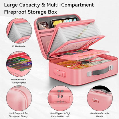 Fireproof Document Box, Hard Case Fireproof Box with Lock, Portable Hard-Shell Fireproof Water Resistant Document Safe for Important Documents, Laptops, Passports, Files and More (Pink)