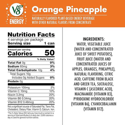 V8 +Energy Sparkling Orange Pineapple Juice Energy Drink, 11.5 fl oz Can (24 Pack)