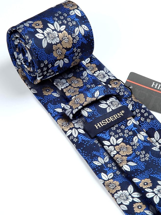HISDERN Men Floral Ties Woven Classic 3.4" Necktie Set Formal Tie Pocket Square for Wedding with Handkerchief Gift Box