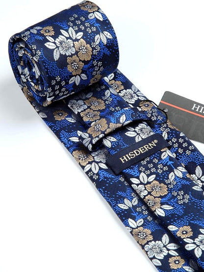 HISDERN Men Floral Ties Woven Classic 3.4" Necktie Set Formal Tie Pocket Square for Wedding with Handkerchief Gift Box