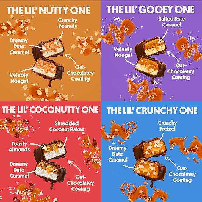 Harken Sweets Lil’ Ones Variety Pack, Mini Oat Milk Chocolate Candy Bars, Sweetened with Dates and No Sugar Added, High Fiber, Dairy Free, Lower Calorie Snack, Plant-Based, 4 Pouches (20 Bars)