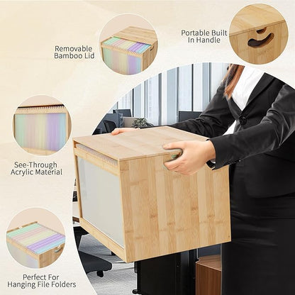 Bamboo Hanging File Boxes with Lids 2 Pack, File Organizer Box for Letter/Legal File, File Box with Hanging Folders Acrylic Light Easy Assembly File Storage Boxes for Home Office, Natural
