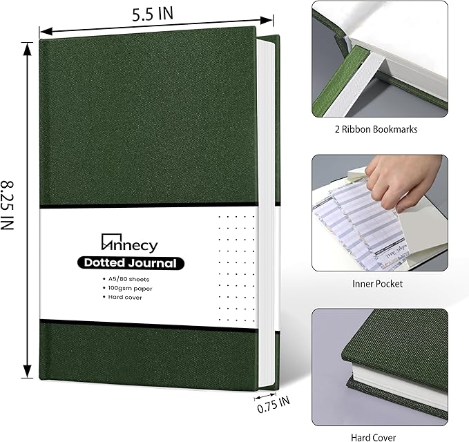 Annecy Numbered Bullet Dotted Journal Notebook, Medium 5.5x 8.25, 160 Pages 100GSM Writing Paper, A5 Deep Green Faux Leather Cover with Pen Loop