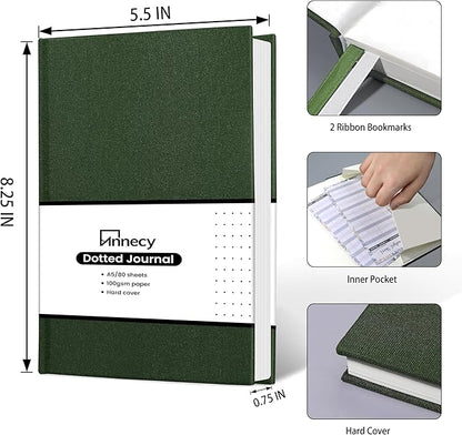 Annecy Numbered Bullet Dotted Journal Notebook, Medium 5.5x 8.25, 160 Pages 100GSM Writing Paper, A5 Deep Green Faux Leather Cover with Pen Loop