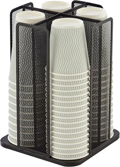 Annova Paper/Plastic Cup and Lid Holder Plastic Storage Organizer, 360°Rotating Coffee Mup Dispenser with 4 Compartments, Multifunctional Storage Rack for Home, Office, Bar, Coffee Shop (Black)