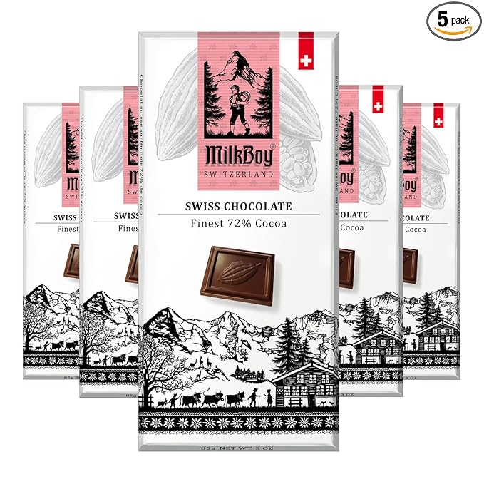 Milkboy Swiss Chocolates Dark Chocolates - 72% Cocoa, Made in Switzerland, Dairy Free, Vegan, Gluten-Free, Non-GMO, Kosher, Sustainably Farmed, European Chocolate - 3 oz, Pack 5