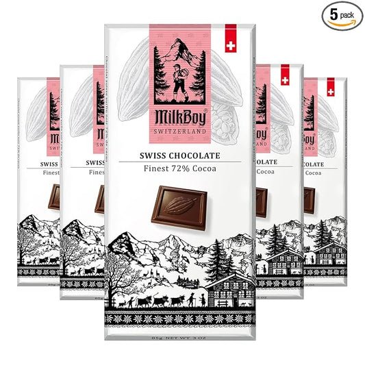 Milkboy Swiss Chocolates Dark Chocolates - 72% Cocoa, Made in Switzerland, Dairy Free, Vegan, Gluten-Free, Non-GMO, Kosher, Sustainably Farmed, European Chocolate - 3 oz, Pack 5