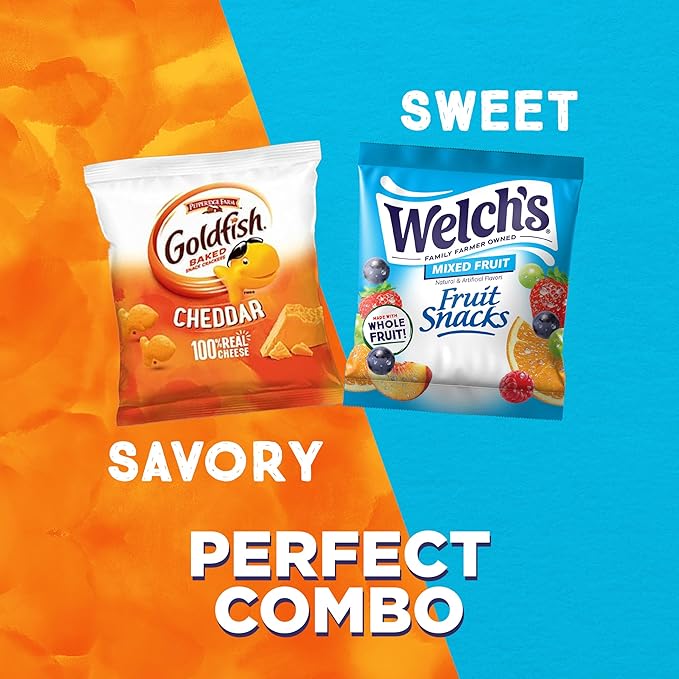 Goldfish and Welch’s Fruit Snacks for Back to School, 1 Box of Goldfish Cheddar Cheese Cracker Packs (20 Count) and 1 Box of Welch’s Mixed Fruit Snack Packs (40 Count)