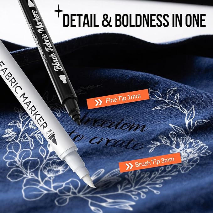 Fabric Marker for Clothes 2PCS - Wash-Resistant, No Bleed, Quick Dry Professional Dual Tip Pen - Permanent Paint for Clothing, Canvas Cover Stains - DIY Art Crafting White &Black