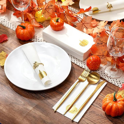 Janlaugh 100 Pcs Gold Thanksgiving Linen Disposable Bathroom Hand Towels Pumpkin Maple Leaves Foil Stamped Guest Napkins 12"x17" Paper Towels for Bathroom Home Lunch Dinner Kitchen(Pumpkin)