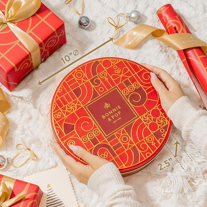 BONNIE AND POP - Holiday Snack Gift Tin, Round, Modern Pattern, Assorted Treats: Belgian Truffles, Chocolate Covered Oreos, Peanut Brittle and Candy Nuts