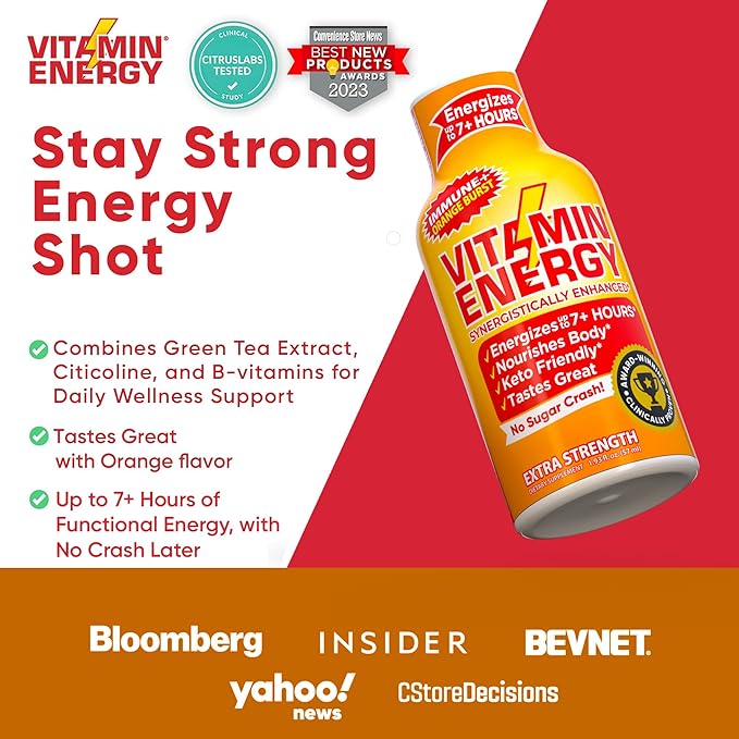 Vitamin Energy Immune+ Extra Strength Energy Shot Orange Burst 12 Pack, 260mg Natural Caffeine, B-Vitamins, Citicoline, Green Tea, Immunity & Focus Support, Zero Sugar, Gluten-Free 1.93 fl oz