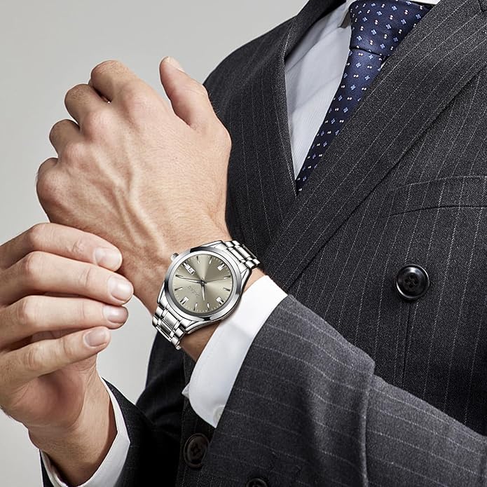Mens Silver Watch Luxury Minimalist Dress Watch Classic Waterproof Watches for Men Analog Quartz Stainless Steel Men's Wrist Watches with Date Luminous Relojes para Hombres