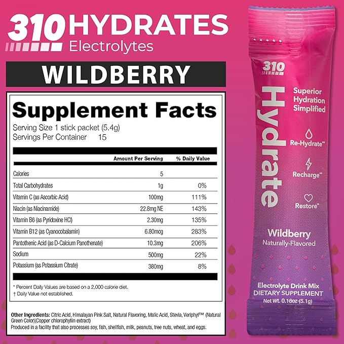310 Nutrition Sugar Free Electrolytes Powder - Instant Hydration Packets for Daily Fluid Balance - Caffeine-Free Rehydration Drink Mix w/Vitamins, Low Calorie & Keto Friendly - Wildberry 15 Singles