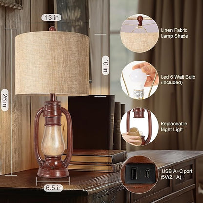 26'' Miner Table Lamps Set of 2 for Bedroom, Rustic Bedside Lamps with Nightlight, Farmhouse Lantern Nightstand Lamps with USB A+C Ports, Decor for Living Room, Study, Home Office (Bulb Included)